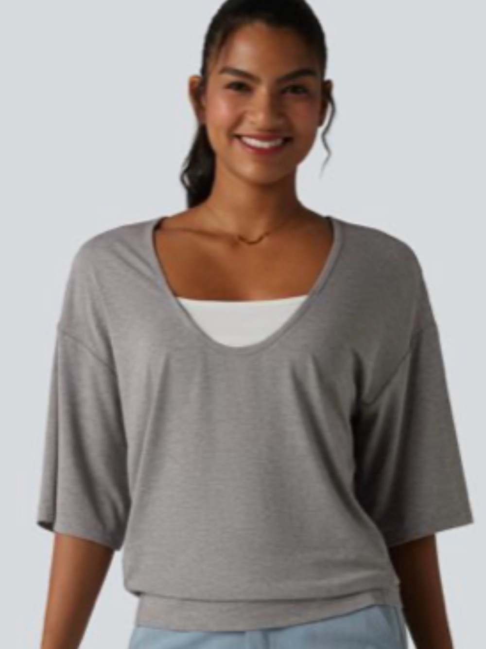 HALARA Gray Scoop Neck Dolman Short Sleeve Top